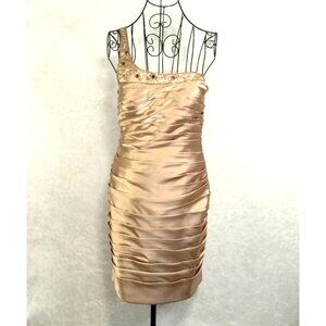 ADRIANNA PAPELL Beaded Satin Dress Gold Womens 4 Evening Hollywood Glam Formal